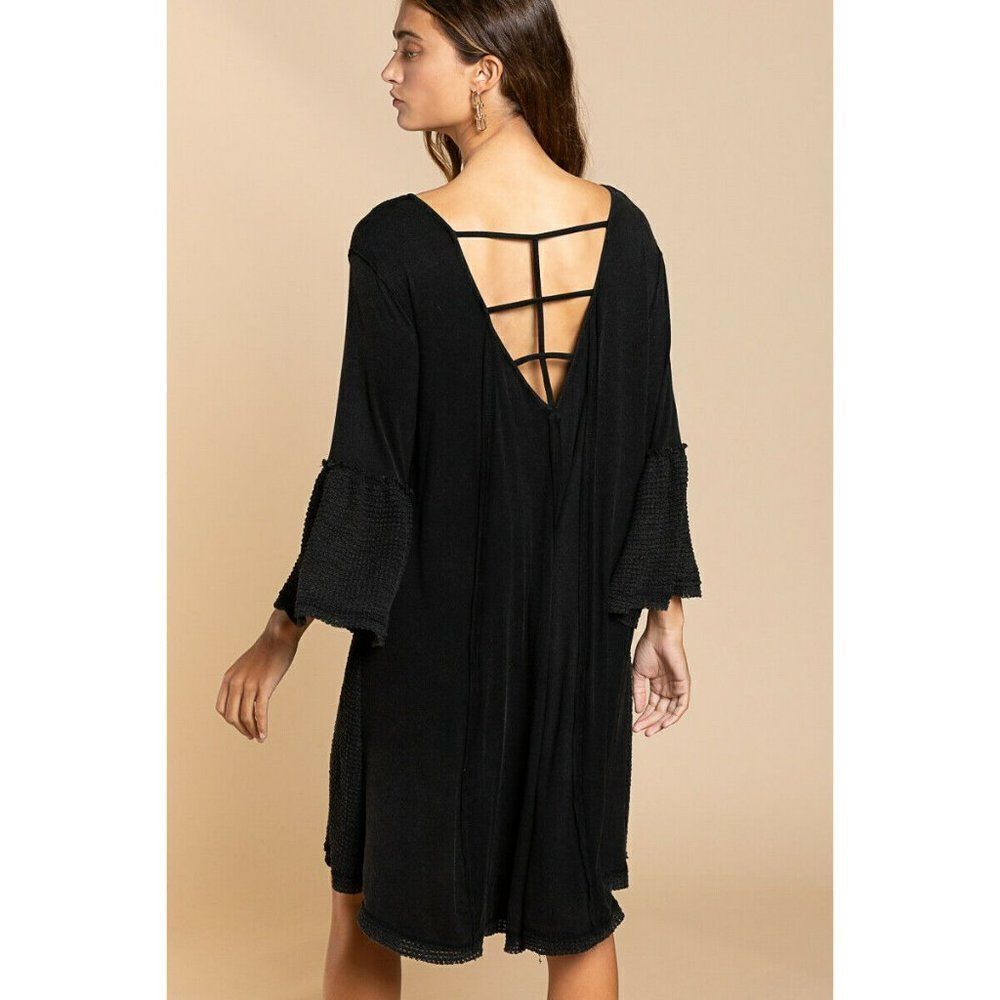 POL Clothing Acid Black V Neck Tunic Dress Summer Boho Bohemian Long Sleeve New - Picture 3 of 5